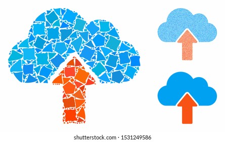 Upload to cloud composition of joggly elements in various sizes and color tinges, based on upload to cloud icon. Vector ragged elements are organized into composition.