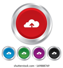 Upload from cloud icon. Upload button. Load symbol. Round metallic buttons. Vector