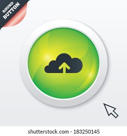 Upload from cloud icon. Upload button. Load symbol. Green shiny button. Modern UI website button with mouse cursor pointer. Vector