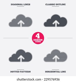 Upload from cloud icon. Upload button. Load symbol. Diagonal and horizontal lines, classic outline, dotted texture. Pattern design icons.  Vector