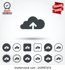 Upload from cloud icon. Upload button. Load symbol. Circle, star, speech bubble and square buttons. Award medal with check mark. Thank you. Vector