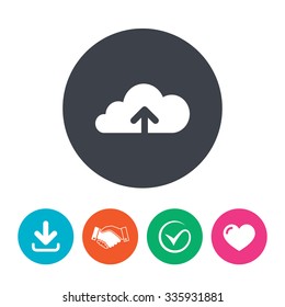 Upload from cloud icon. Upload button. Load symbol. Download arrow, handshake, tick and heart. Flat circle buttons.