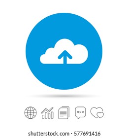 Upload from cloud icon. Upload button. Load symbol. Copy files, chat speech bubble and chart web icons. Vector