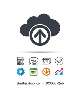 Upload from cloud icon. Data storage technology symbol. Statistics chart, chat speech bubble and contacts signs. Check web icon. Vector