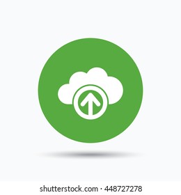 Upload from cloud icon. Data storage technology symbol. Flat web button with icon on white background. Green round pressbutton with shadow. Vector