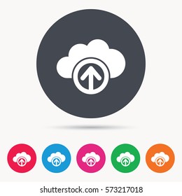 Upload from cloud icon. Data storage technology symbol. Colored circle buttons with flat web icon. Vector