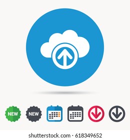 Upload from cloud icon. Data storage technology symbol. Calendar, download arrow and new tag signs. Colored flat web icons. Vector