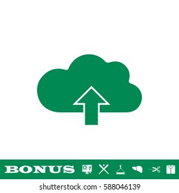 Upload cloud icon flat. Green pictogram on white background. Vector illustration symbol and bonus button