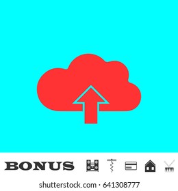 Upload cloud icon flat. Red pictogram on blue background. Vector illustration symbol and bonus buttons Music center, corkscrew, credit card, house, drum