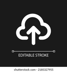 Upload to cloud pixel perfect white linear ui icon for dark theme. Large files storage. Loading. Vector line pictogram. Isolated user interface symbol for night mode. Editable stroke. Arial font used