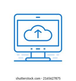 
Upload to cloud service vector line icon. Service and storage online data on connected web servers. Cloud with up arrow on monitor screen. Accessible digital information any distance.