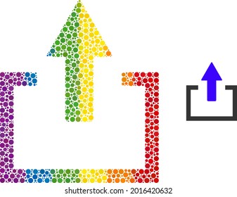 Upload collage icon of round dots in various sizes and spectrum color tones. A dotted LGBT-colored upload for lesbians, gays, bisexuals, and transgenders. Vector icon in LGBT flag colors.