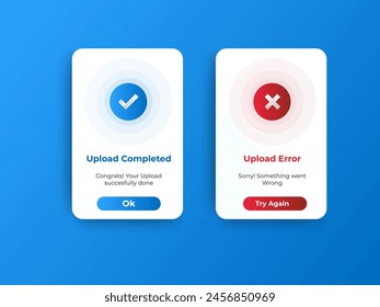 upload completed and error flash message. pop up notification UI design for website, mobile or app. vector