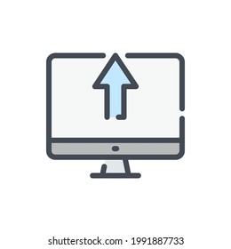 Upload to computer color line icon. PC with arrow up vector outline colorful sign.