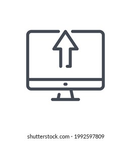 Upload from computer line icon. PC with arrow up vector outline sign.