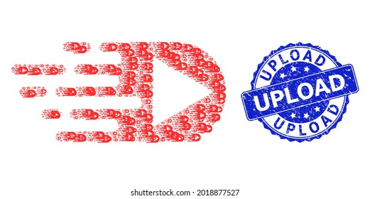 Upload dirty round seal and vector fractal collage play function. Blue stamp seal includes Upload title inside round shape. Vector collage is constructed of repeating play function items.