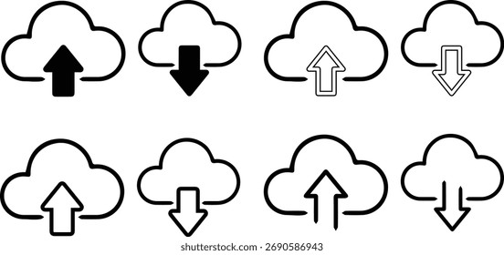 carregar documento, dados, arquivo na nuvem. Ícone do círculo de download de arquivo definido