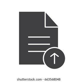 Upload document glyph icon. Silhouette symbol. Text file with upload arrow. Negative space. Vector isolated illustration