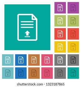 Upload document multi colored flat icons on plain square backgrounds. Included white and darker icon variations for hover or active effects.