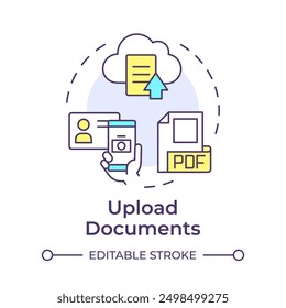 Upload documents multi color concept icon. Cloud storage, person verification. Round shape line illustration. Abstract idea. Graphic design. Easy to use in infographic, presentation