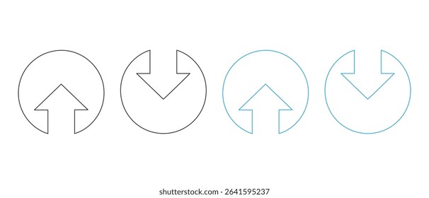 Upload and download cirle in different design. Upload and download circle with arrow. Backup icon. Storage symbol. Vector illustration.