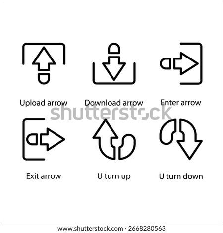 Upload, Download, Enter, Exit, U turn up, U turn down, Icon, Line icon Set