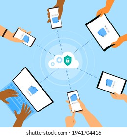 Upload and download files transferring move with security and padlock and team people cartoon character  with modern flat  vector illustration, File transfer with security concept 