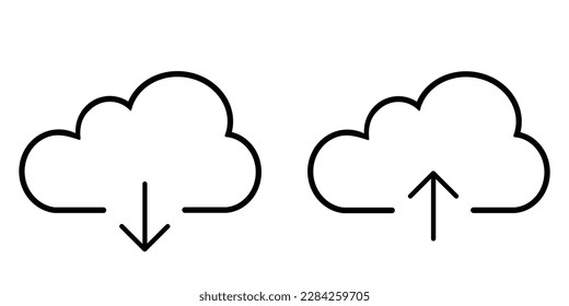 Cargar, descargar conjunto de iconos, archivo de almacenamiento en la nube enviar símbolo vectorial de contorno negro de estilo plano con flecha de línea. Diseño gráfico de ilustraciones modernas y sencillas para web, móvil, app, internet. Objeto aislado.