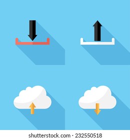 upload and download icons. Flat design style modern vector illustration. Isolated on stylish color background. Flat long shadow icon. Elements in flat design.