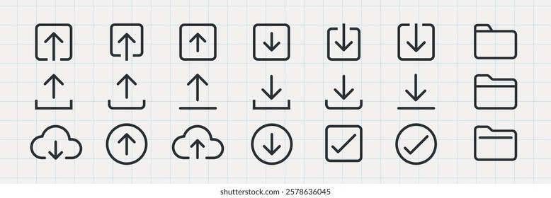 Upload and download icons set. Arrows and clouds. Simple, minimalist design. Perfect for web and app interfaces. Upload, download, and organize files. User interface icons, UI icon vector set.