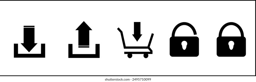 Upload, download and security icons.
in black and white. for site, web flat vector.