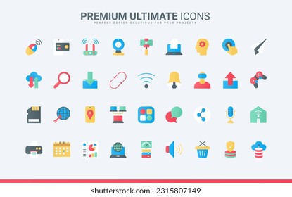 Upload, download and update data and geo location in mobile apps, cyber security of wireless network, virtual reality games. Web communication trendy flat icons set vector illustration