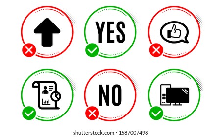 Upload, Feedback and Report icons simple set. Yes no check box. Computer sign. Load arrowhead, Speech bubble, Work statistics. Pc component. Technology set. Upload icon. Check mark. Vector