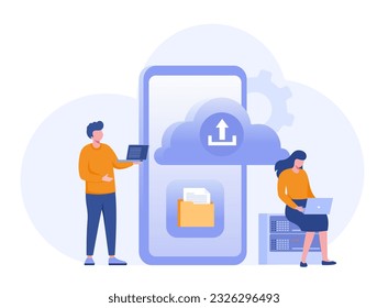 Upload file to cloud system, file document, office, gadget, technology database system, storage, flat vector banner design template