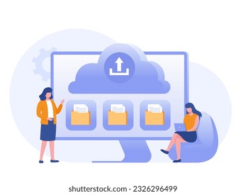 Upload file to cloud system, file document, office, database system, storage, flat vector banner design template