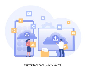 Upload file to cloud system, file document, office, gadget, technology database system, storage, flat vector banner design template
