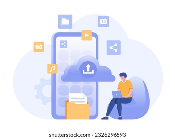 Upload file to cloud system, file document, office, gadget, technology database system, storage, flat vector banner design template