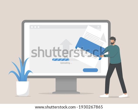 Upload file concept illustration, man interacting with the data storage, uploads files to the cloud.