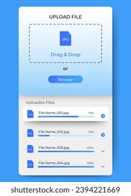 Upload file drag and drop dashboard ui template design. file uploader app ui interface pop up. vector