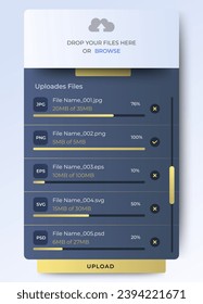 Upload file drag and drop dashboard ui template design. file uploader app ui interface pop up. vector