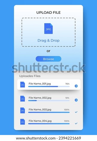 Upload file drag and drop dashboard ui template design. file uploader app ui interface pop up. vector