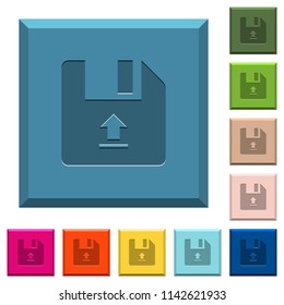 Upload file engraved icons on edged square buttons in various trendy colors