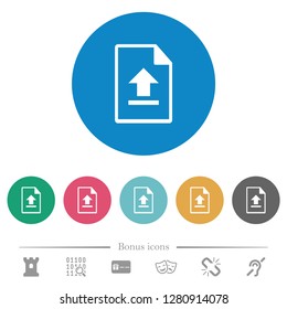 Upload file flat white icons on round color backgrounds. 6 bonus icons included.
