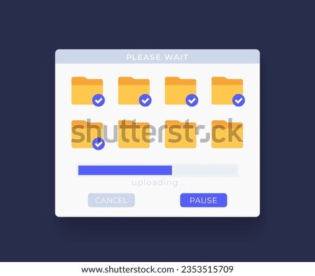 Upload file folders window with progress bar, vector interface