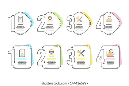 Upload file, Hammer tool and Consultant icons simple set. Search sign. Load document, Repair screwdriver, Call center. Analytics. Business set. Infographic timeline. Line upload file icon. Vector