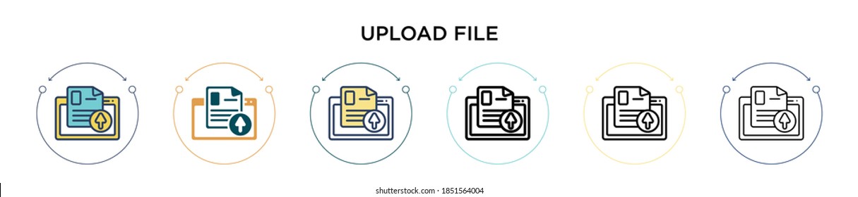 Upload file icon in filled, thin line, outline and stroke style. Vector illustration of two colored and black upload file vector icons designs can be used for mobile, ui, web