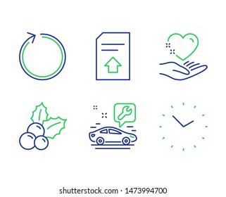 Upload file, Loop and Car service line icons set. Christmas holly, Hold heart and Time signs. Load document, Refresh, Repair service. Ilex aquifolium. Line upload file outline icons. Vector