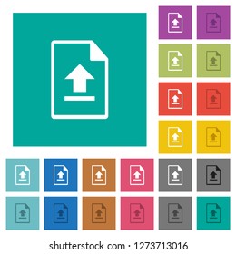 Upload file multi colored flat icons on plain square backgrounds. Included white and darker icon variations for hover or active effects.
