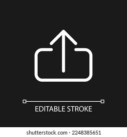 Upload file pixel perfect white linear ui icon for dark theme. Digital transmission via internet. Vector line pictogram. Isolated user interface symbol for night mode. Editable stroke. Arial font used