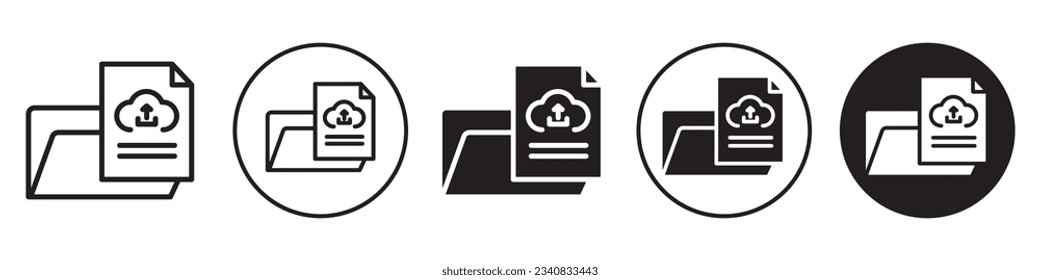 Upload file symbol icon. Flat outlined black and white folder sharing or uploading file to website storage through internet for security of archive directory in computer. Round circle document backup